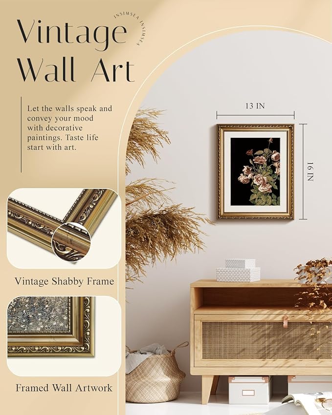 InSimSea Gold Framed Canvas Wall Art Room Decor Pink Flower Oil Painting Canvas Prints Bedroom Bathroom Floral Wall Decor Kitchen Office Home Decor 13x16in