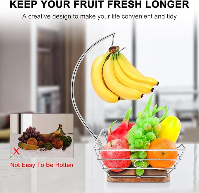Livabber Countertop Fruit Basket Bowl with Banana Hanger, Modern Standing Fruit Vegetable Bowl Storage, with Banana Tree Holder for Kitchen Dinning Table (Square Wood, Chrome)