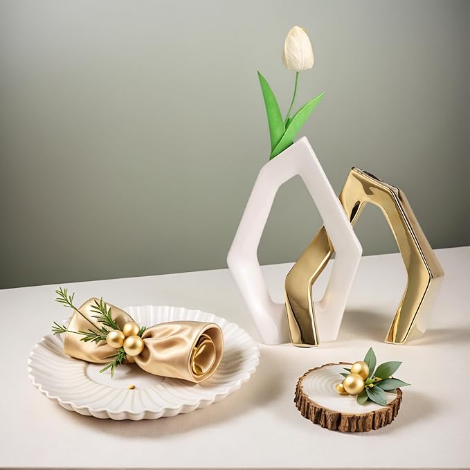 White and Gold Vase Set of 2, Modern Geometric Abstract Ceramic Flower Vase for Centerpieces, TV Stand Decor, Ideal Housewarming or Wedding Gift