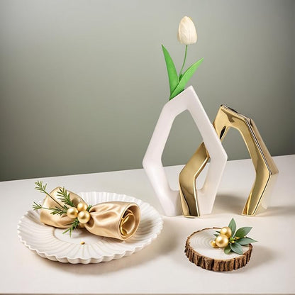 White and Gold Vase Set of 2, Modern Geometric Abstract Ceramic Flower Vase for Centerpieces, TV Stand Decor, Ideal Housewarming or Wedding Gift