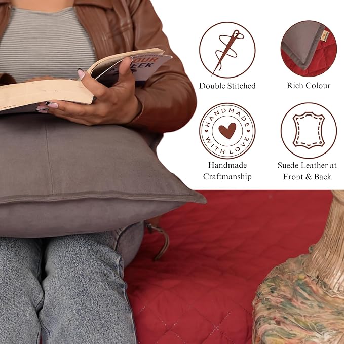 Genuine Suede Leather Pillow Cover, 22x22 Inch Case for Lumbar Throw Couch Pillows, Thick & Soft Cushion Covers for Sofa Bed Home Decor (Suede Grey Box Pack of 1)