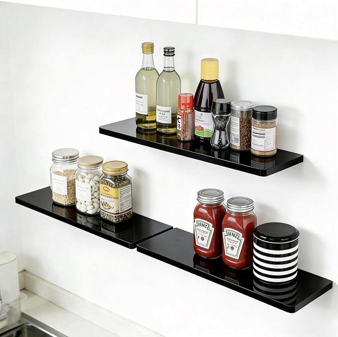 Floating Shelves for Wall Set of 2,12 in Wide Ehelf Narrow Floating for Decor Storage,Wall Mounted Acrylic Shelf,for Living Room, Bedroom, Bathroom and Kitchen(Black)