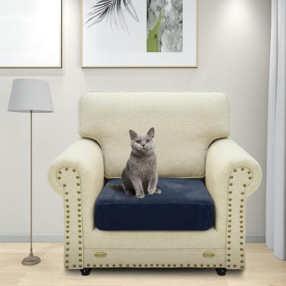 MAXIJIN Velvet Stretch Cushion Cover Fitted Couch Cushion Slipcovers 1 Pack Arm Chair Seat Cushion Cover for Individual Cushion Sofa Chair with Elastic Bottom (Chair Cushion, Navy Blue)