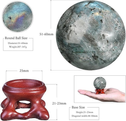 moonsix Natural Labradorite Crystal Sphere with Resin Stand Healing Energy Stone Decorative Ball Sculpture for Home Office Tabletop, 51-60 mm