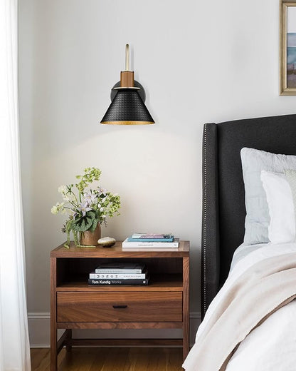 Modern Wall Sconces Set of Two, HWH Industrial Sconce Wall Lighting 1-Light, Brass Barn Wall Vanity Light for Bedroom Kitchen, Hammered Metal Shade, Black and Gold Finish, 5HZG74B-2L BK+BG