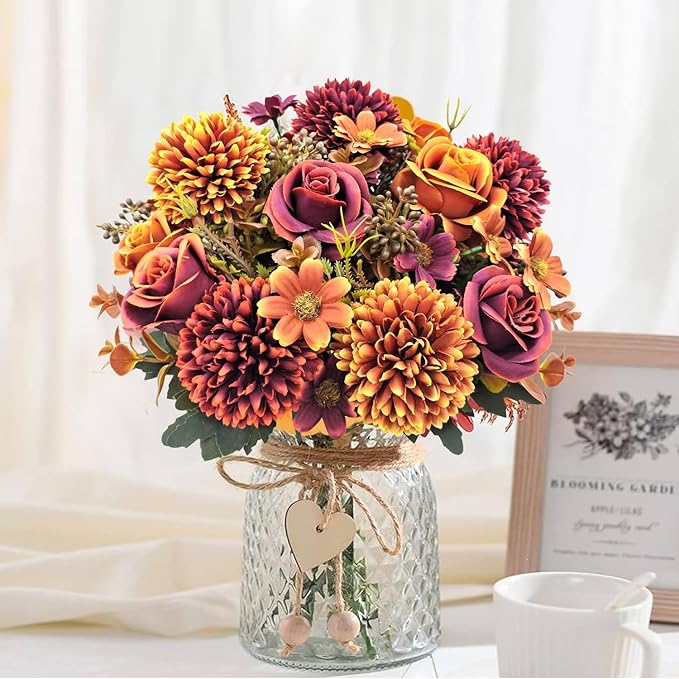 3 Pcs Fall Flowers Artificial Mums Silk Chrysanthemum Rose Daisy Bouquet Fake Mum Faux Floral Arrangements Home Indoor Outdoor Planter Decor Party Wedding Table Autumn Decoration