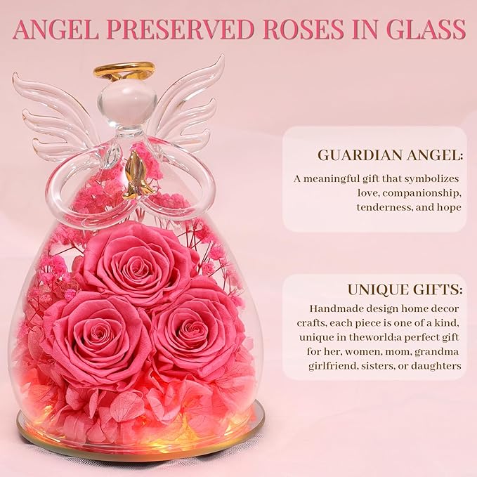 Beferr Valentines Day Rose Gifts for Her Women Mom Gifts for Birthday, Fresh Flowers for Delivery Prime Forever Preserved Rose in Glass Angel Figurine, for Grandma Wife Kids Daughter
