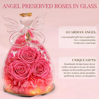 Beferr Valentines Day Rose Gifts for Her Women Mom Gifts for Birthday, Fresh Flowers for Delivery Prime Forever Preserved Rose in Glass Angel Figurine, for Grandma Wife Kids Daughter