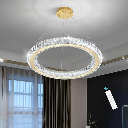 LED Chandelier Modern Dimmable Dining Room Chanderliers Entryway Crystal Ring Pendant Lights for Kitchen Bedroom Living Room Gold Light