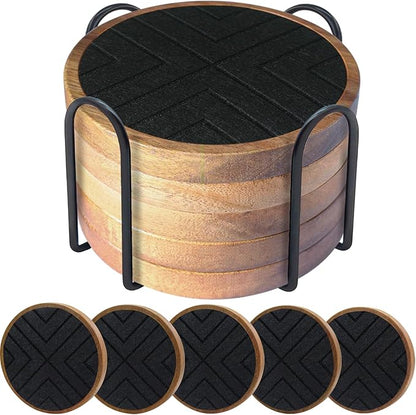 Coasters for Drinks Absorbent 5 Pack, Coasters for Coffee Table with Holder, Non-Slip, Non-Stick, Suit for Kinds of Cups 4.3 inch Black