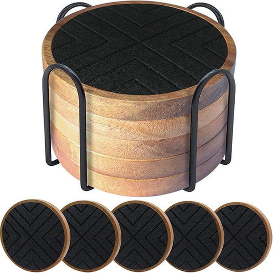 Coasters for Drinks Absorbent 5 Pack, Coasters for Coffee Table with Holder, Non-Slip, Non-Stick, Suit for Kinds of Cups 4.3 inch Black