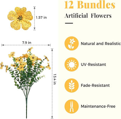 Yellow Fall Artificial Flowers for Outdoors Decorations, 12 Bundles Faux Fall Mums Flowers, UV Resistant Realistic Silk Daisy with Eucalyptus for Home Decor Garden Planters Patio Yard Balcony