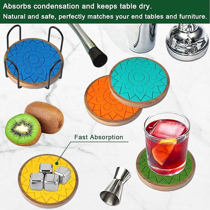 Coasters for Drinks Absorbent 5 Pack, Coasters for Coffee Table with Holder, Non-Slip, Non-Stick, Suit for Kinds of Cups 4.3 inch Colorful