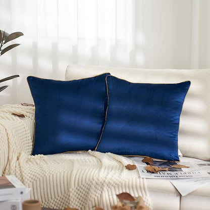 Aeckself Pack of 2 Navy Blue Velvet Pillow Covers 24 x 24 Inch, Large Modern Luxury Decorative Pillowcase with Gold Trim Edge, Comfortable Soft Solid Cushion Case for Couch Bedroom Living Room