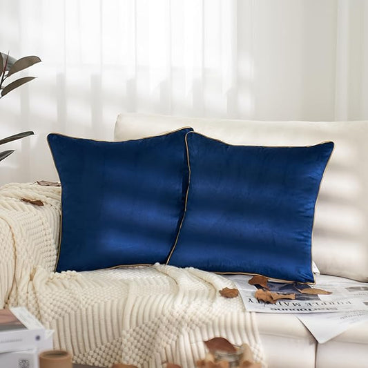 Aeckself Pack of 2 Navy Blue Velvet Pillow Covers 20 x 20 Inch, Modern Luxury Decorative Pillowcase with Gold Trim Edge, Comfortable Soft Solid Cushion Case for Couch Bedroom Living Room