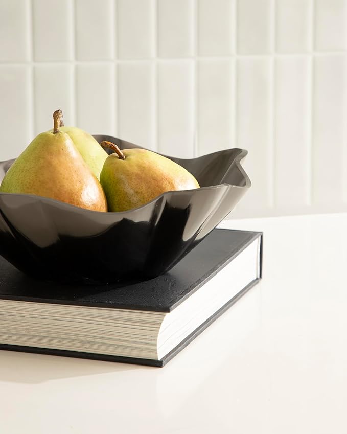 Kate and Laurel Flutte Scalloped Decorative Metal Serving Bowl, 10 x 10 x 3, Black Nickel, Modern Wavy Fruit Bowl for Kitchen Counter or Use as Tabletop Storage for an Entryway Table