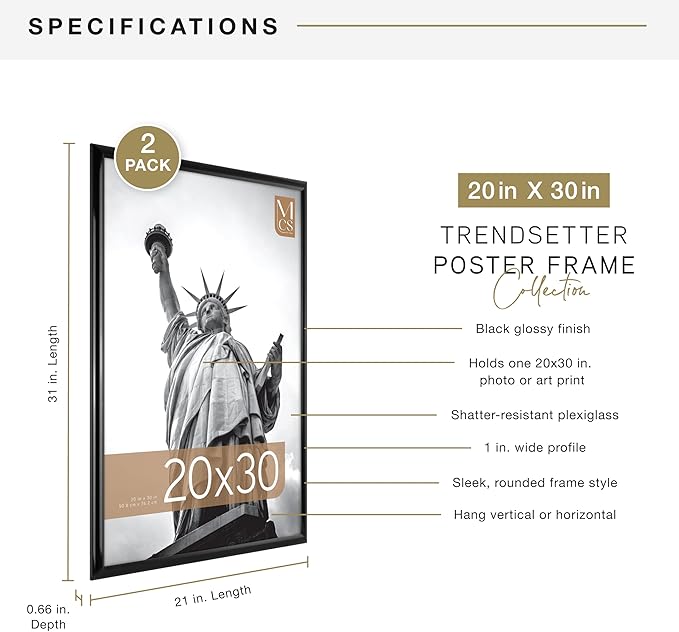 MCS Trendsetter 20x30 Poster Frame Black High-Gloss, Vertical & Horizontal Wall Hanging Large Picture Frame for Photos, Posters & Art Prints (2-Pack)