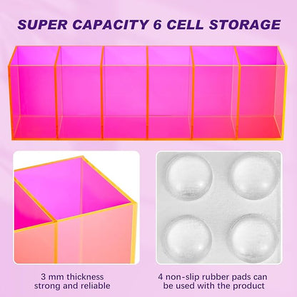 Jetec Acrylic Pen Holder 6 Compartments Makeup Brush Stationery Organizer Pencil Holder for Desk Accessories, Cosmetic Brushes, Dorm, Home, Bathroom, Kitchen, Office Supplies(Neon Pink)