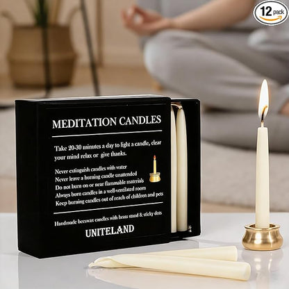 12 PCS Mini Beeswax Taper Candles, 30 Minute White Meditation Candles with Brass Candle Holders, Dripless Mini Beeswax Prayer Candles Gift for Yoga Relaxation (12, White)