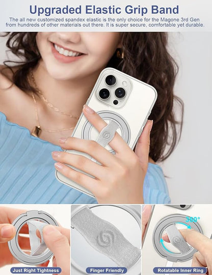 EWA MagOne 3rd Gen [Compatible with MagSafe] Phone Grip Stand with Finger Strap, Removable Magnetic Ring Holder Kickstand Loop for iPhone 17,16,15,14,13,12 Series (Silver)