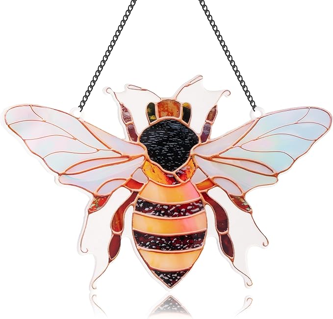 Bee Window Hangings Decor - Acrylic Sun Catcher Ornaments with Hook & Chain,Art SunCatcher Pendant for Gifts Indoor Outdoor Home Wall Living Room Spring Summer Decoration (Single Bee)
