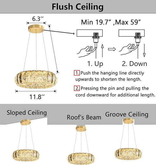 Crystal Round Chandelier Modern LED Dining Pendant Lights for Kitchen Island Dining Room Remote Dimmable Hanging Light Entrance Bedroom Lighting Gold