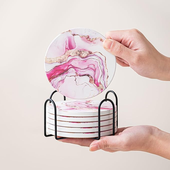 Ceramic Drink Coasters Set of 6 with Holder, Modern Marble Absorbent Ceramic Coasters, Round Ceramic Table Coasters for Home Decor Coffee Kitchen (4 Inches), Pink