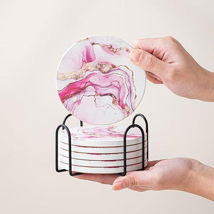 Ceramic Drink Coasters Set of 6 with Holder, Modern Marble Absorbent Ceramic Coasters, Round Ceramic Table Coasters for Home Decor Coffee Kitchen (4 Inches), Pink