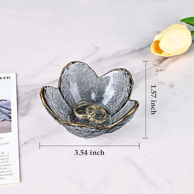 Koythin 3-Piece Glass Jewelry Tray, Small Trinket Holder for Necklace Bracelet Earring, Ring Holder for Bathroom, Aesthetic Trinket Dish, Flower Nightstand Decor for Girl Mom Women (Grey)