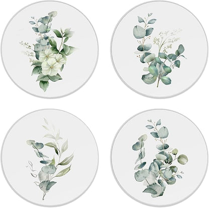 Coasters for Drinks, Set of 4 Absorbent Ceramic Coasters, Watercolor Eucalyptus Leaves Flower Design, Round Shape, Perfect for Coffee Table Protection and Gifts