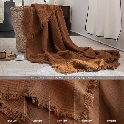 FOSSA Muslin Blanket with Fringe - 4-Layer 100% Cotton Gauze Super Soft & Breathable Throw -Lightweight Decorative Cooling Blanket for Bed, Sofa, Office (Dark Orange, Queen (90" × 90"))