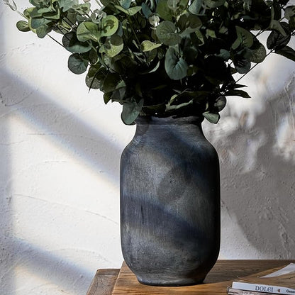 SIDUCAL Rustic Farmhouse Flower Vase | 9.5 Inch Large Ceramic Vase | Pampas Grass | Modern Farmhouse Decor for Home Decor, Table, Living Room Decoration, Shelf Decor, Mantel, Black