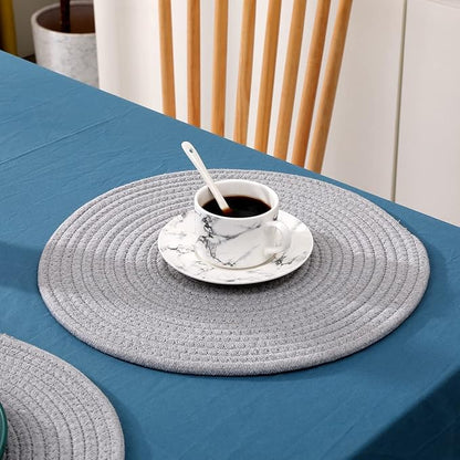 6Pcs Woven Placemats, Gray Cotton Rope Woven Vintage Place Mats, 13.8 Inch Round Plate Chargers Wicker Tablemats Farmhouse Boho Braided Heat Resistant Outdoor Placemat for Patio Table Decor
