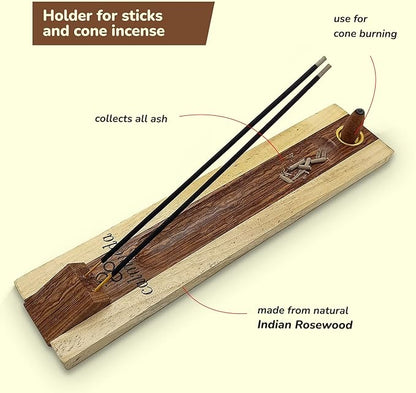 Rosewood Incense Holder for Sticks - 11 Inch Handmade Dual Incense Burners with Cone Holder | Beautiful Natural Wood Incense Stick Holder, for Meditation or Yoga Lovers
