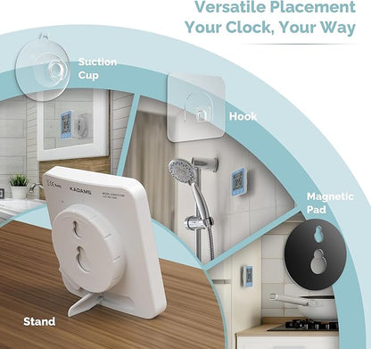 KADAMS Shower Clock Waterproof Bathroom Timer – Digital Wall Clock with Countdown, Magnetic Kitchen Clock with Temperature & Humidity, Suction Cup for Kids Shower Spa Sauna Cook Bath, Blue