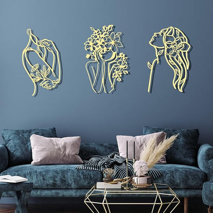 Photect 3 Pcs Metal Wall Art Decor Minimalist Abstract Woman Wall Art metal Modern Line Drawing Wall Art Decor Female Single Line Wall Home Hanging for Bedroom Bathroom Living Room, Gold(Romantic)