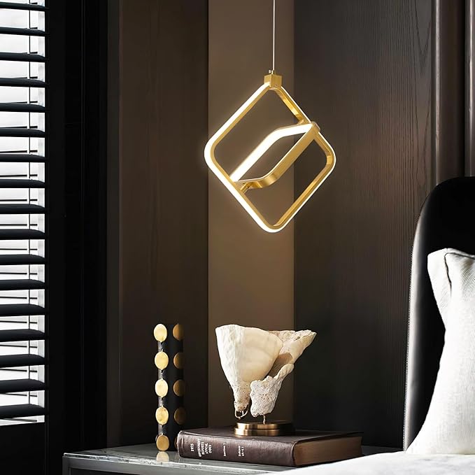 Modern LED Chandelier Gold Rectangular Pendant Light Fixtures 4000K 20W Dimmable Height Adjustable Pendant Lighting for Dining Room Kitchen Island Bedroom Living Room Foyer（2-Pack）