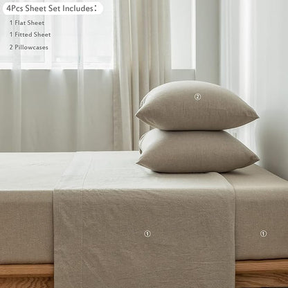 MooMee Bedding Sheet Set 100% Washed Cotton Linen Like Textured Breathable Durable Soft Comfy (Heathered Khaki, Queen)
