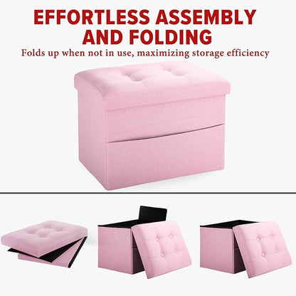 LINMAGCO Storage Ottoman Folding Foot Stool Foot Rest with Side Pocket Modern Ottoman with Storage Short Sofa Stool Linen Cloth 17x13x13(Pink)