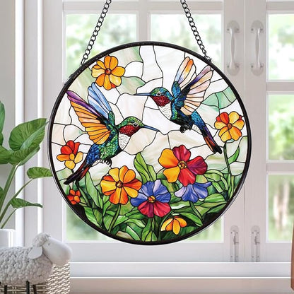 Rngmsi Hummingbird Stained Glass Window Hanging Gifts, 7.8″ Flower Sun Catchers for Indoor Window Decorations, Decorative Suncatchers Home Wall Art Gift for Thanksgiving Christmas Wedding Housewarming