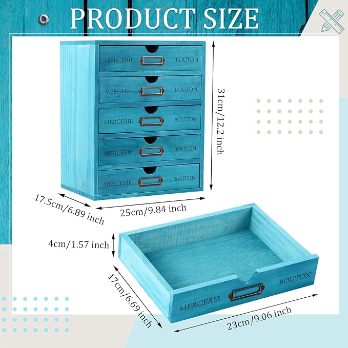 Wesiti 5 Drawer Apothecary Cabinet - Vintage Wooden Desk Organizer - Library Card Catalog Wood Storage Box - Office Desktop Dresser for Stationery, Sewing, Crafts, Junk & Supplies, Blue