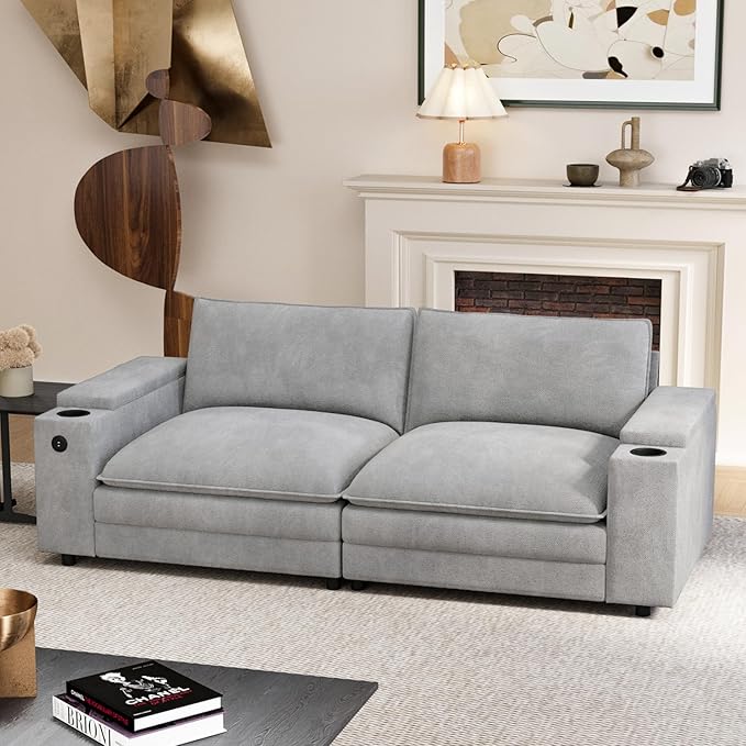 81.5" Loveseat Cloud Sofa Couch with Storage Armrest, Cup Holders, USB & Type-C Ports, Spring Cushions, Solid Wood Frame, Chenille Modular Sectional for Living Room