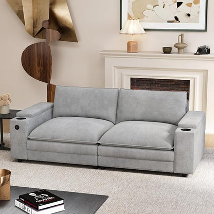 81.5" Loveseat Cloud Sofa Couch with Storage Armrest, Cup Holders, USB & Type-C Ports, Spring Cushions, Solid Wood Frame, Chenille Modular Sectional for Living Room