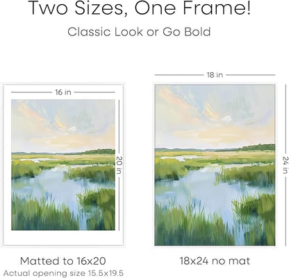 Homeforia 18x24 Poster Frame White, High End Metal 18 x 24 Picture Frames with Mat 16 by 20 inch Photo, 18x24 White Frame Matted to 16x20 Print, 24x18 Hanging Frame, Tempered Glass, Wall Kit, Set of 1