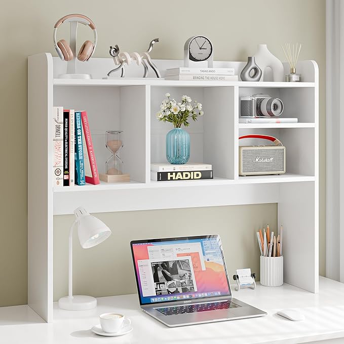 SUPER DEAL Desktop Bookshelf, Countertop Storage Hutch with 4 Shelves for Computer Desk, 2-Tier Display Rack, Multipurpose Wood Desk Hutch Storage Organizer for Home Office Dorm, White
