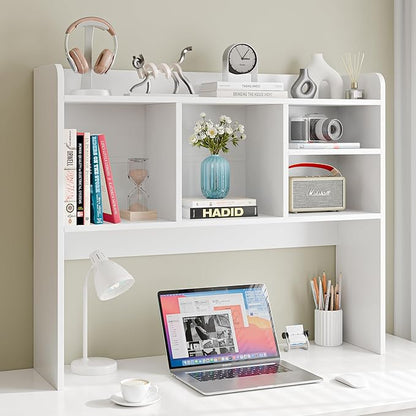 SUPER DEAL Desktop Bookshelf, Countertop Storage Hutch with 4 Shelves for Computer Desk, 2-Tier Display Rack, Multipurpose Wood Desk Hutch Storage Organizer for Home Office Dorm, White