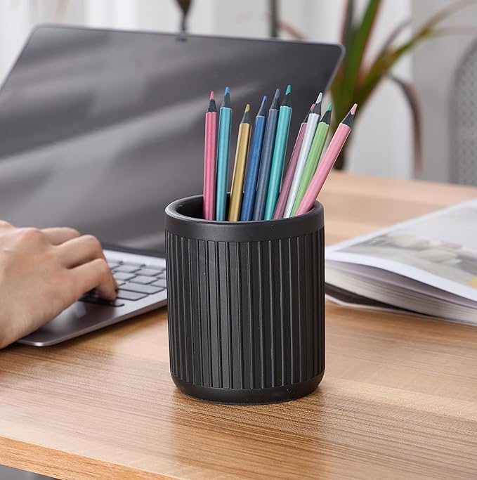 Aotea Crafts Concrete Modern Industrial Pen Holder for Desk - Aesthetic Charcoal Black Pencil Holder for Desk- Handcrafted Cement Fluted Pen Cup Organizer - Minimalist & Durable