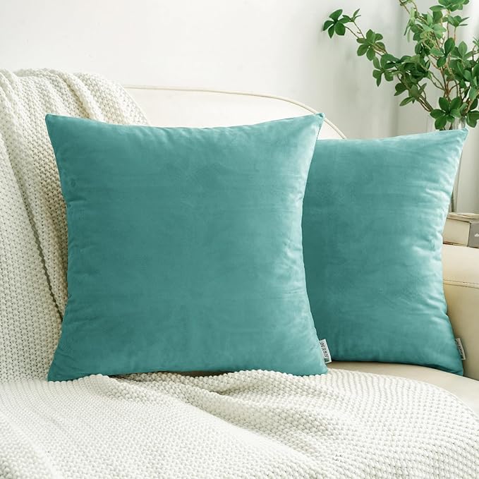 HWY 50 Teal Blue Velvet Throw Pillow Covers 22x22 Inch, Pack of 2 Soft Cozy Solid Decorative Luxury Cushion Cases for Couch Sofa Bed Living Room Bedroom