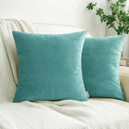 HWY 50 Teal Blue Velvet Throw Pillow Covers 16x16 Inch, Pack of 2 Soft Cozy Solid Decorative Luxury Cushion Cases for Couch Sofa Bed Living Room Bedroom
