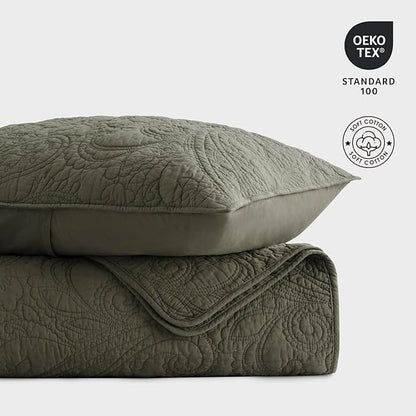EVERGRACE 100% Cotton Paisley Quilt Set, Queen Size 3 Piece Set – Prewashed Lightweight Bedspread with 2 Shams, Soft & Breathable Coverlet for All-Season Comfort, Olive Green